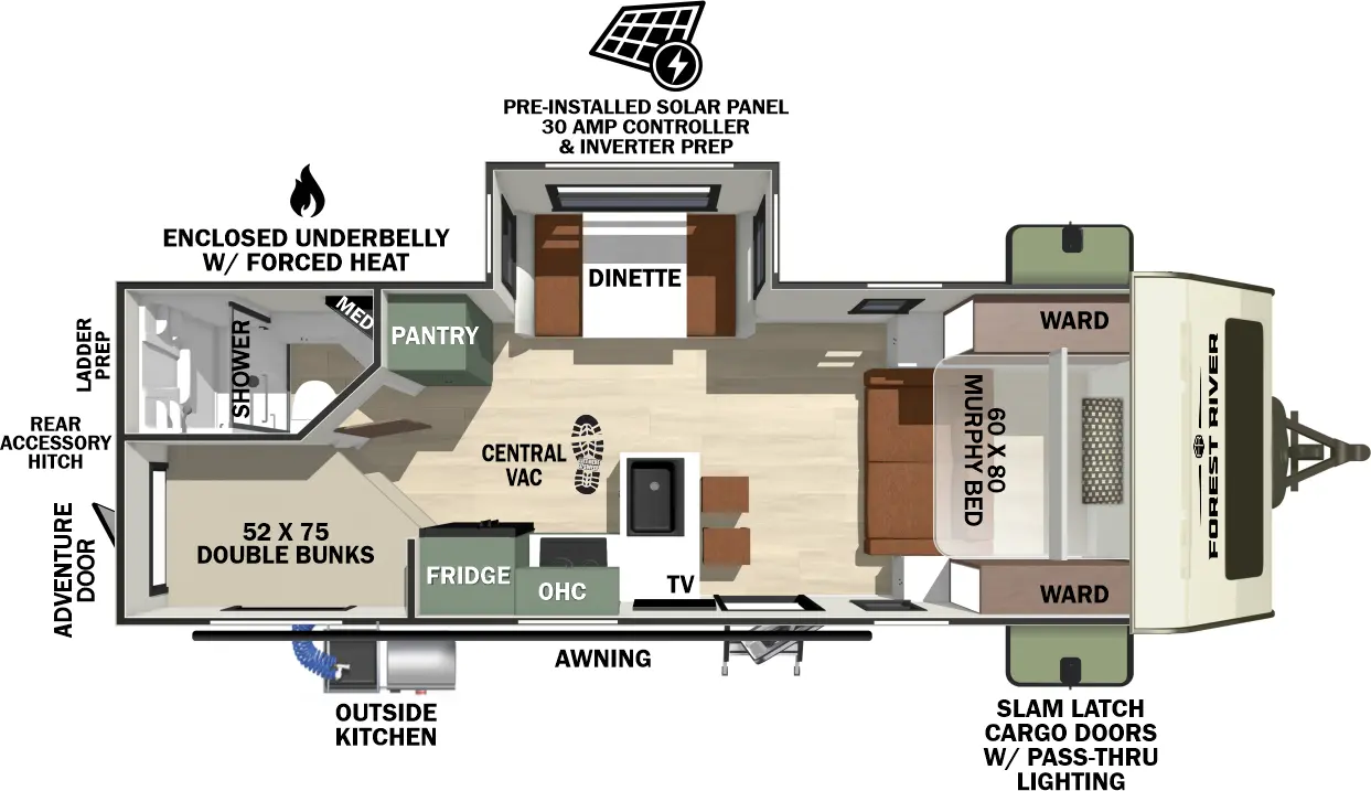 The No Boundaries NB20.3 floorplan has one entry and one slide out. Exterior features include: fiberglass exterior, 18' awning and outside kitchen. Interiors features include: bunk beds and murphy bed.